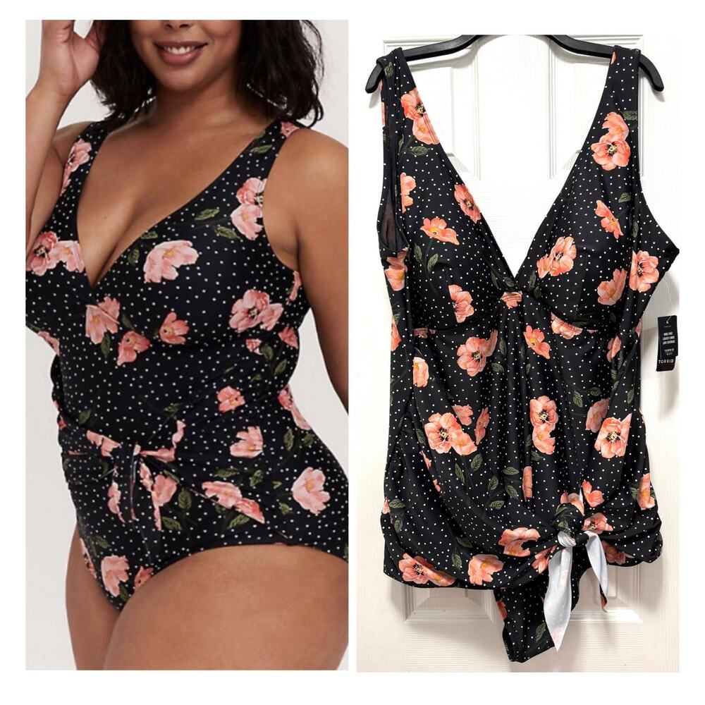 Torrid 6 (6X 30) Black Polka Dot & Floral One Piece Tie Front Wireless Swimsuit
